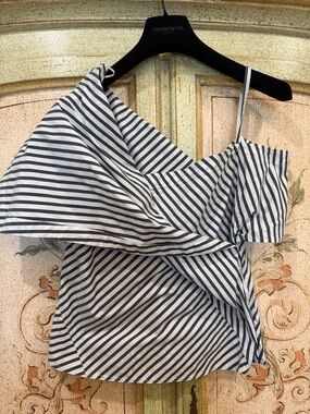 Theory Black and White Striped One-Shoulder Draped Top